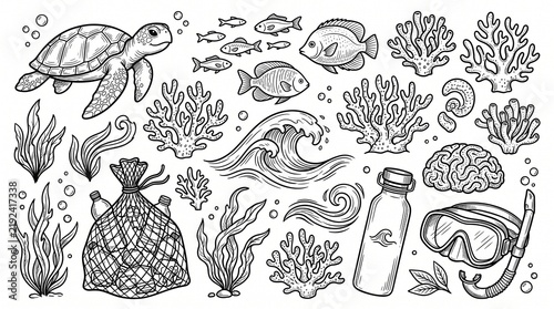 Collection of hand drawn ocean icons with sea turtle, fish, coral, snorkeling gear, and plastic waste bag for environmental conservation awareness.