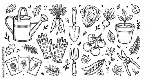 Large Vector Set of Garden Equipment and Fresh Vegetables Line Art Illustration with Watering Can Shovel Gloves and Seed Packets on White Background