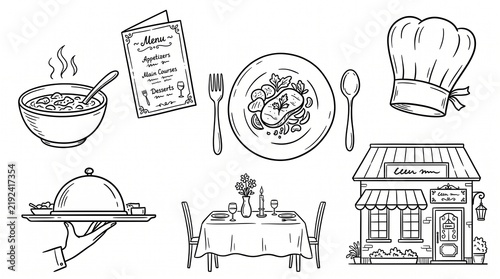 Hand Drawn Restaurant and Dining Icon Set Featuring Chef Hat Menu Card Soup Bowl Dinner Plate Cloche Tray Table and Cafe Storefront Illustration