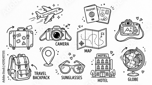 Travel and Tourism Doodle Icon Set Featuring Airplane, Suitcase, Camera, Passport, Globe, and Backpack for Vacation Planning and Adventure.