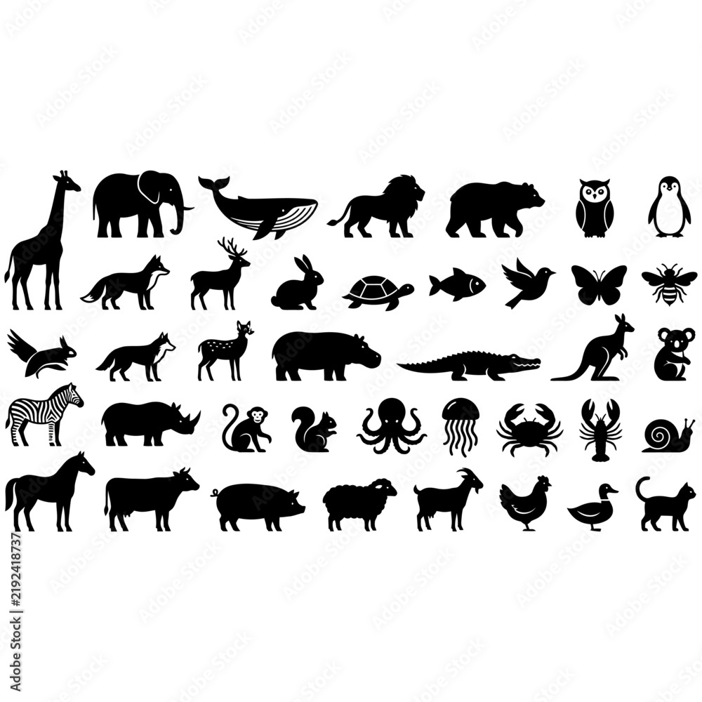 Fototapeta premium Mixed Animals, Wildlife and Marine Life Silhouette Solid Glyph Icon Set, Pet and Farm Vector Collection