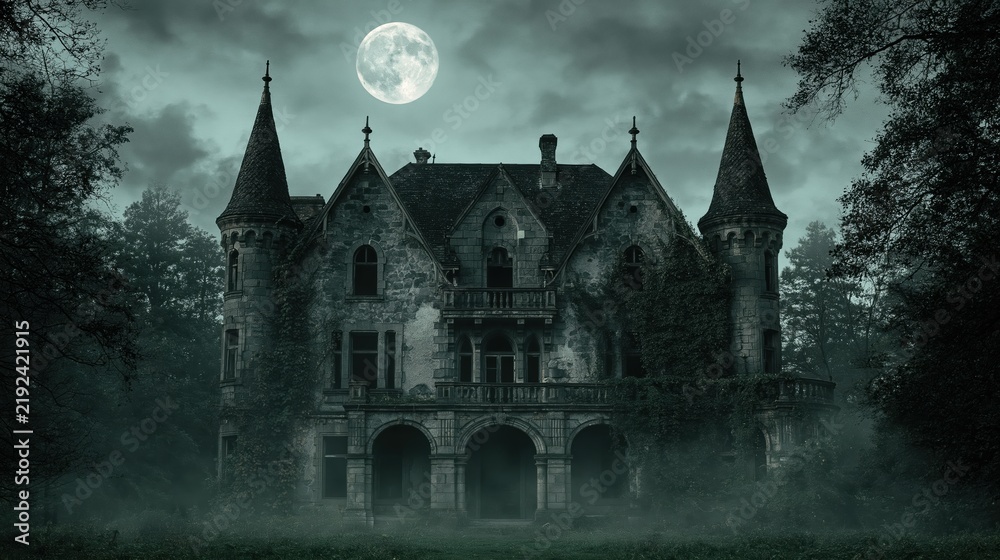 Fototapeta premium Mansion and dark castle in a spooky haunted forest with abandoned gothic architecture under a bright full moon fog