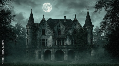 Mansion and dark castle in a spooky haunted forest with abandoned gothic architecture under a bright full moon fog