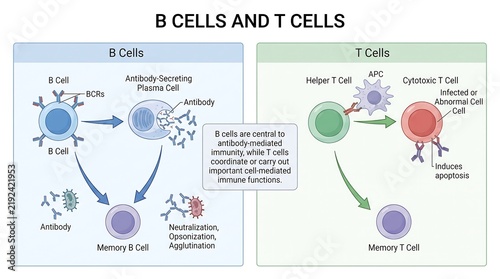 B cells and T cells medical infographic diagram vector illustration explaining adaptive immunity mechanisms