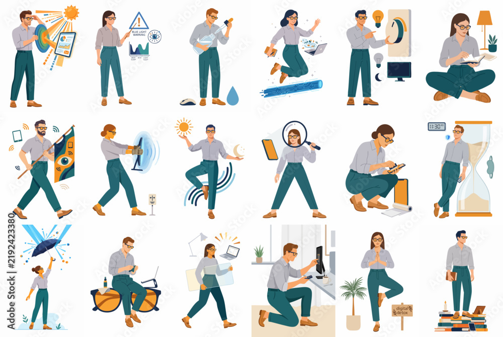 Fototapeta premium Vector Collection of Professional Characters Engaged in Data Analysis, Creative Thinking, Research, and Effective Business Time Management Strategies.