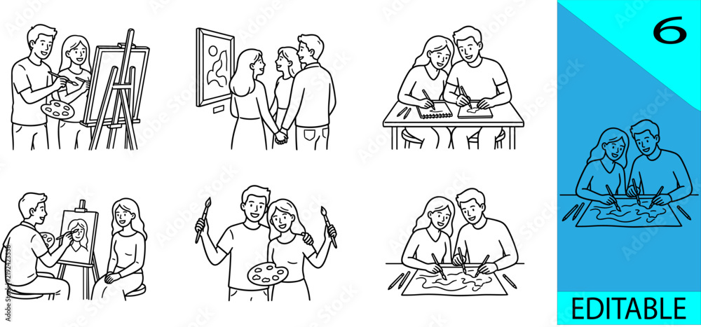 Fototapeta premium Set of six painting couple line art icons artist easel gallery portrait creative editable vector illustration
