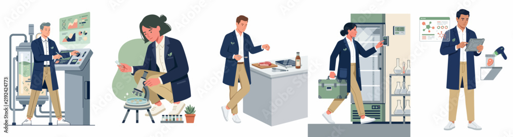 Obraz premium Professional scientists and researchers working in various laboratory settings conducting experiments and analyzing data in a modern flat vector illustration style.