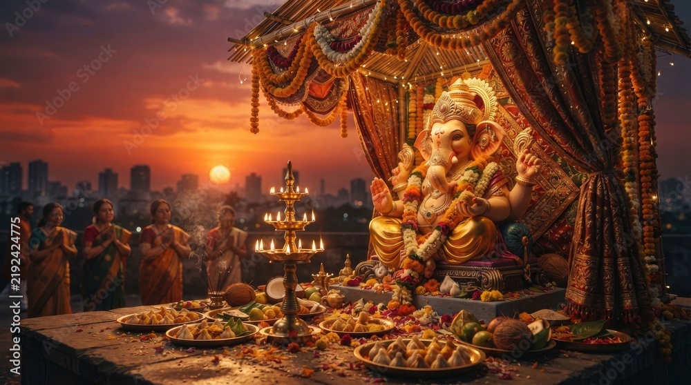 Fototapeta premium A stunning evening celebration of lord ganesha amidst a dramatic sunset and festive decorations in an urban setting