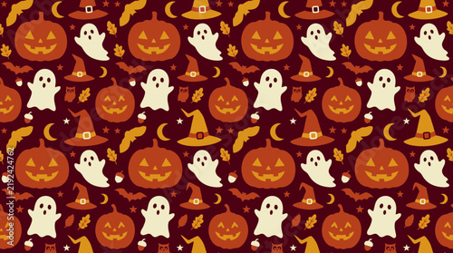 Seamless halloween pattern featuring pumpkins ghosts witch hats and bats on a dark background with repeating pattern design deep burgundy background