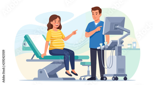 Doctor Showing Ultrasound Scan to Pregnant Woman in Clinic, Healthy Pregnancy Concept Illustration