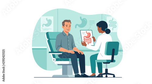 Doctor shows patient digestive system scan, healthcare consultation, medical examination, gastrointestinal health