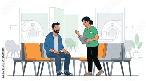 Doctor-Patient Interaction in Modern Medical Waiting Room with MRI Machine