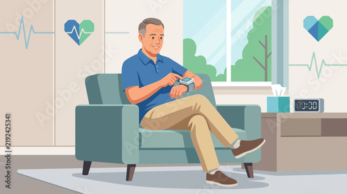Elderly Man Checks Health Data on Smartwatch While Relaxing at Home, Symbolizing Modern Healthcare and Wellness