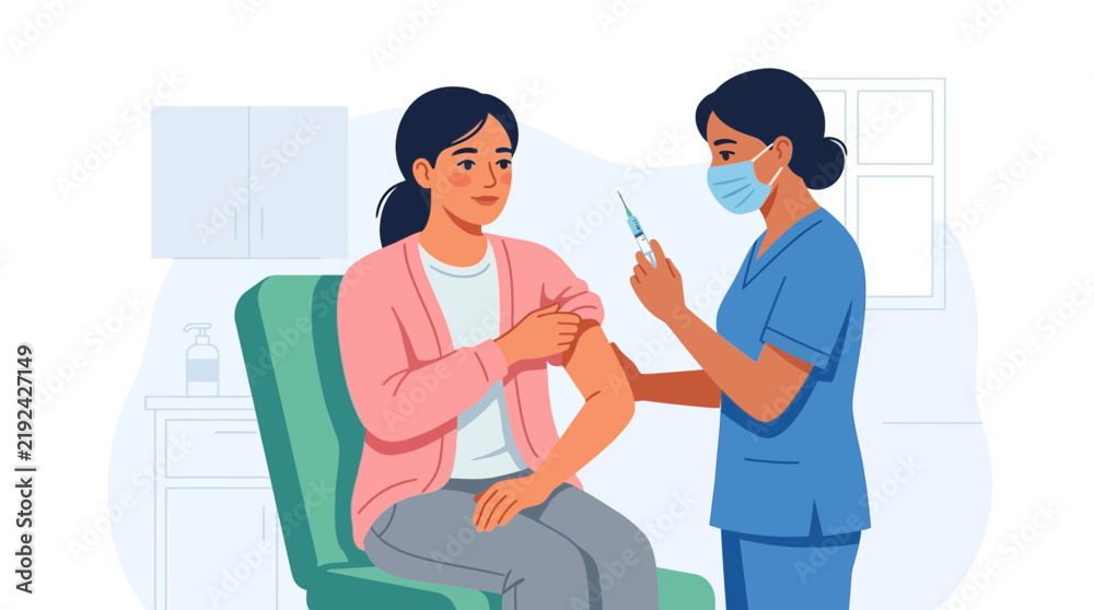 Fototapeta premium Nurse Administering Vaccine to Patient in Medical Clinic Vector Illustration