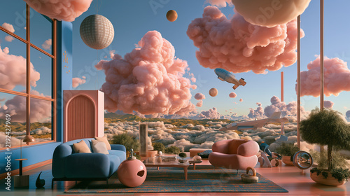 Surrealist style dreamlike scene with floating object above colorful landscape