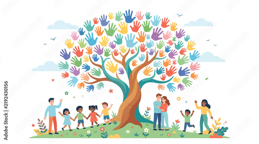 Fototapeta premium Families and children gather together around a colorful handprint tree symbolizing community.