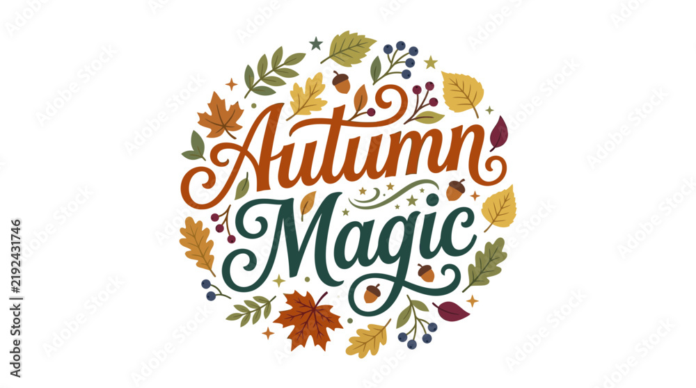 Fototapeta premium Autumn Magic Decorative Typography with Fall Foliage Wreath