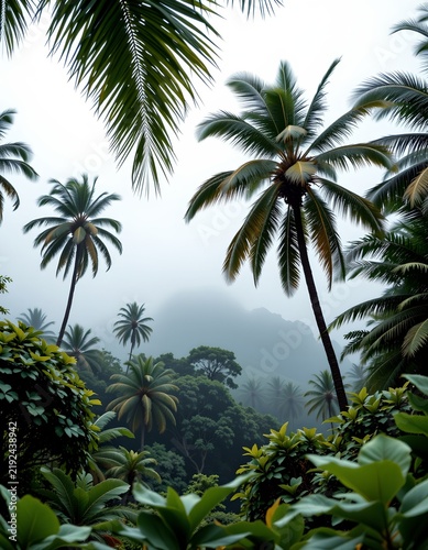 A serene landscape featuring a tropical rainforest with towering palm trees. A foggy atmosphere envelops the area, creating a mystical ambiance. The dense vegetation suggests a thriving ecosystem