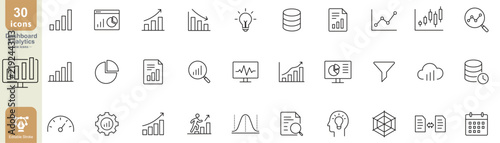 Dashboard analytics line icon set with editable stroke symbols for charts, reports, metrics, trends, data, and insights  Vector illustration