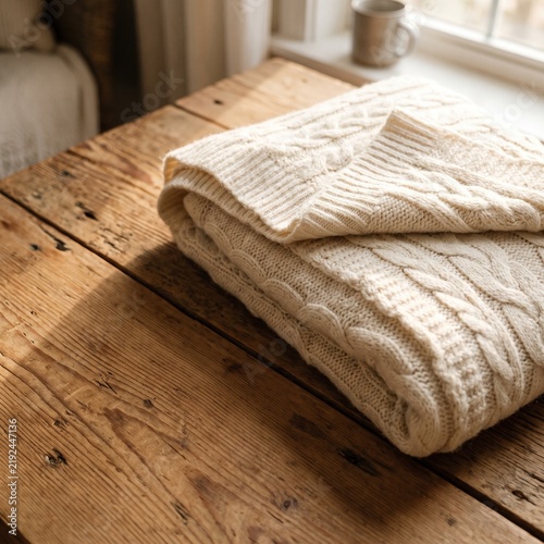 Folded ivory cashmere cable knit blanket beside natural cedar wood with warm morning sunlight and soft shadows, cozy luxury textile background with copy space