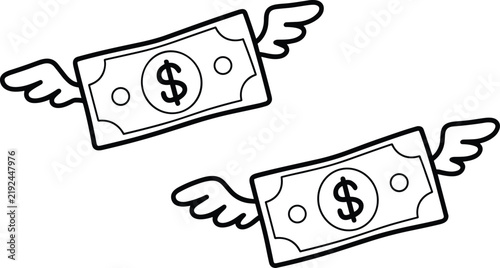 Two flying dollar bill banknotes with wings concept icon representing financial loss spending and high inflation vector illustration