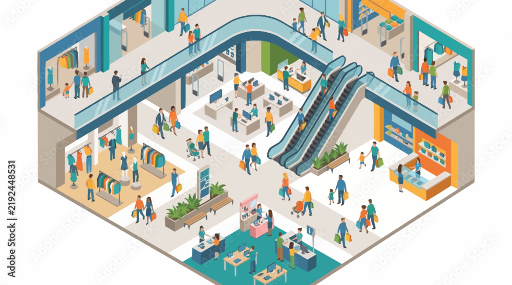 Fototapeta premium Busy Modern Shopping Mall Interior Isometric View.
