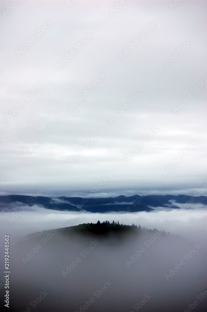 Fototapeta premium Misty Mountain Peak with Clouds and Forests in the Distance