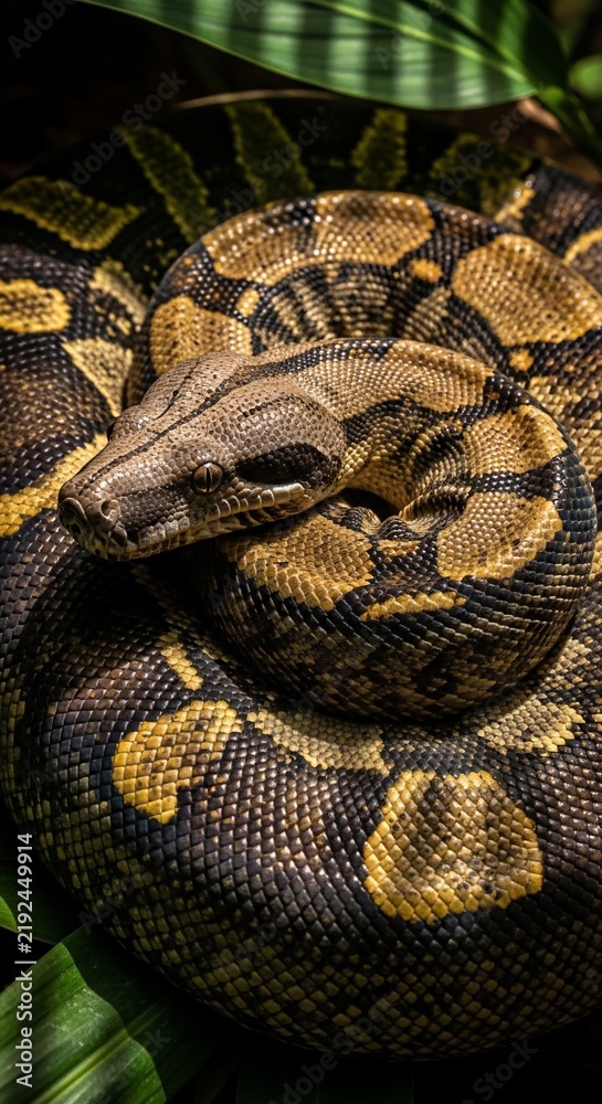 Fototapeta premium Serpentine Majesty: Earthy Tones & Lush Foliage of a Coiled Reptile