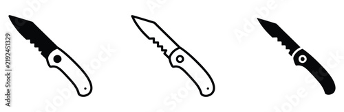 WebPocket knife serrated blade vector icon set. Tactical folding knife, survival hunting equipment, edc multi tool symbol for outdoor camp design. Vector illustration.