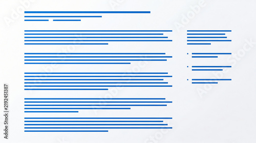 Resume and Curriculum Vitae layout. Abstract text blocks with horizontal blue lines. Minimalist document structure