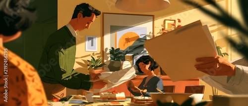 Family celebration around dining table as adult unwraps plain gift while relatives share food, creating warm milestone gathering at home