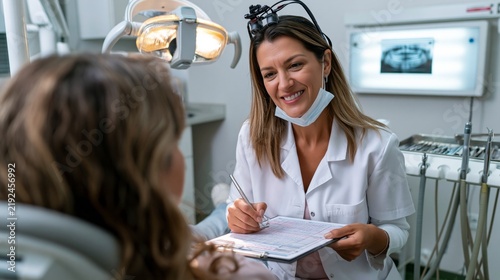 Female dentist smiling, talking to patient in dental clinic during a regular check-up