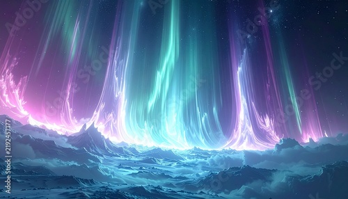 幻想的なオーロラの光と雲海が広がる夢のような宇宙空間の背景
