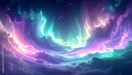 幻想的なオーロラの光と雲海が広がる夢のような宇宙空間の背景