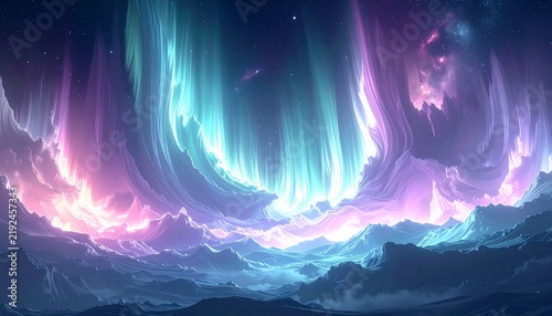 幻想的なオーロラの光と雲海が広がる夢のような宇宙空間の背景