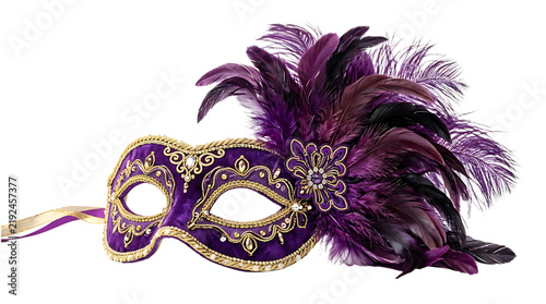 Purple Feathered Masquerade Mask with Gold Accents Isolated on Transparent background