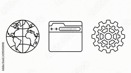 Globe browser window and gear solid icon set for web development and IT infrastructure projects