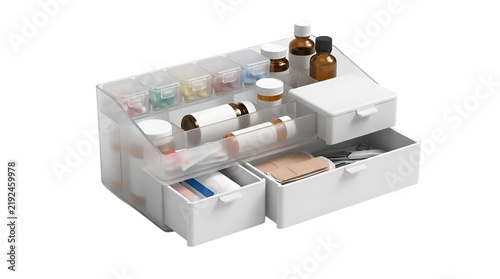 White plastic desk organizer with various office supplies and accessories