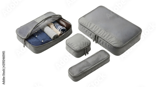 Set of grey travel packing cubes for organizing clothes in suitcases