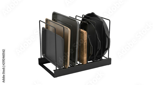 Black metal kitchen rack holding cutting boards and baking trays upright