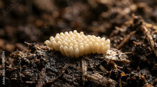 Macro Close Up Shot of Small White Black Soldier Fly Egg Mass on Dark Organic Substrate