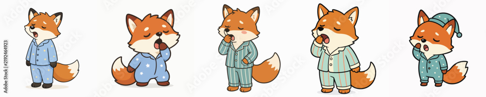 Fototapeta premium Set of cute vector foxes in pajamas, looking sleepy and yawning.