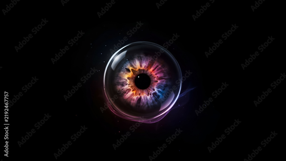 Fototapeta premium Abstract cosmic eye with vibrant nebula iris floating in deep space, surreal digital art representing vision, galaxy, and the mysteries of the universe