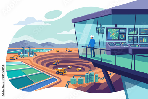 Mining operator monitoring heavy equipment at open pit site via screens