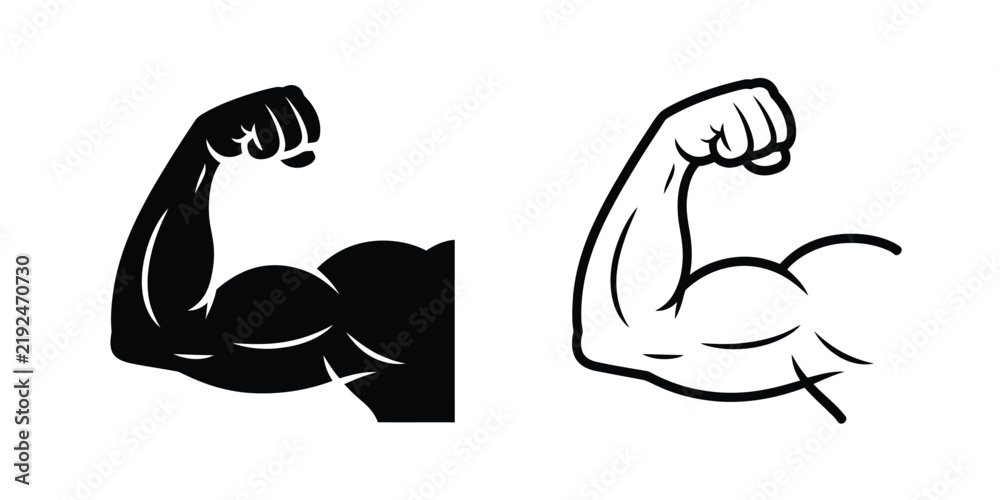 Obraz premium Bicep Flex Muscle Icons, Strength, Fitness, Bodybuilding, Exercise, Power, Arm Training, Anatomy, Athletic Performance Vector Illustration