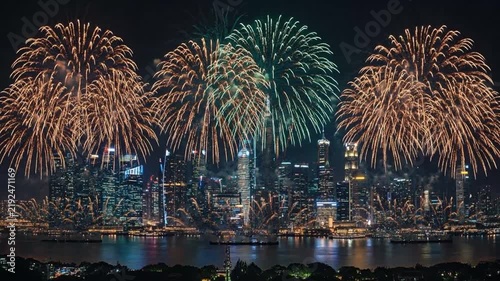 Spectacular Fireworks Display Over City Skyline at Night.