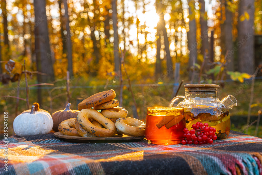 Obraz premium Outdoor autumn picnic featuring transparent teapot filled with herbal tea and fresh orange slices beside matching glass cup on rustic table. Red viburnum berries, traditional bagels and colorful