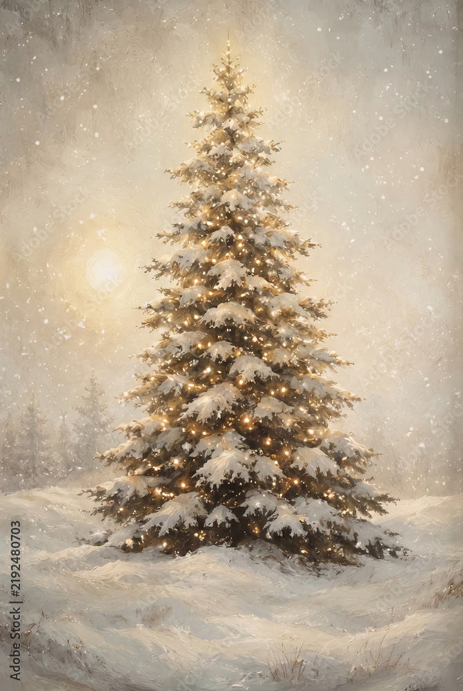 Fototapeta premium Vintage glowing Christmas tree in snowy winter forest oil painting print. Nostalgic holiday spruce with fairy lights on foggy winter landscape wall decor
