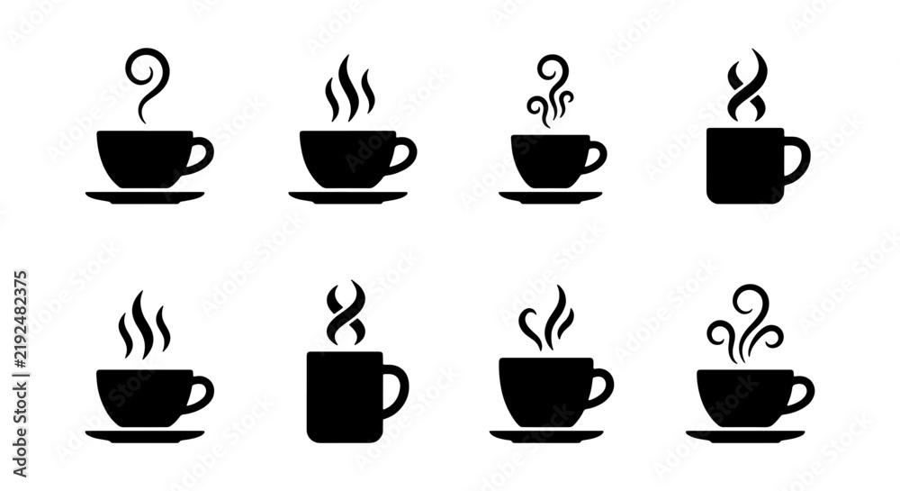 Obraz premium Hot Coffee Cup Icons, Steaming Beverage Vector Set, Warm Drink Symbols, Morning Refreshment Graphics