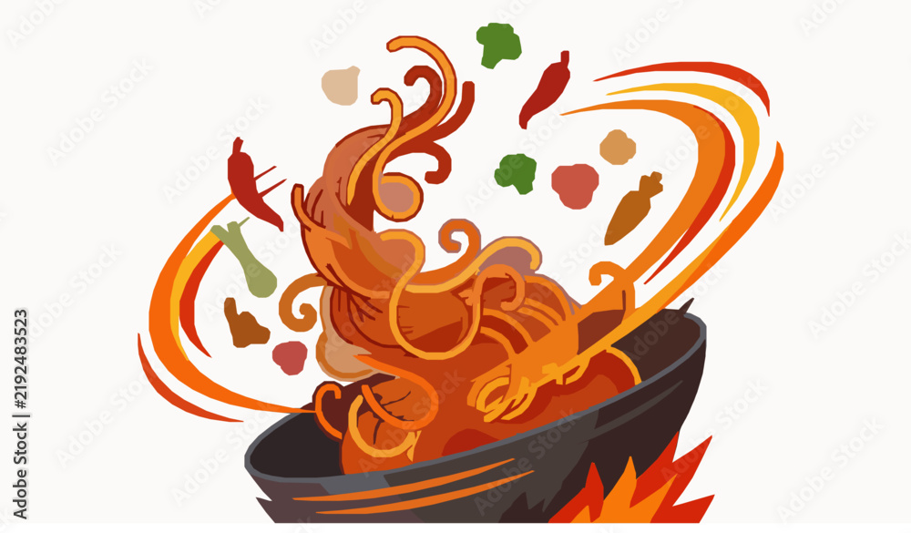 Obraz premium Stir Fried Spicy Noodles with Fresh Vegetables and Chili, Dynamic Asian Food Illustration for Restaurant Menus, Recipes, and Cooking